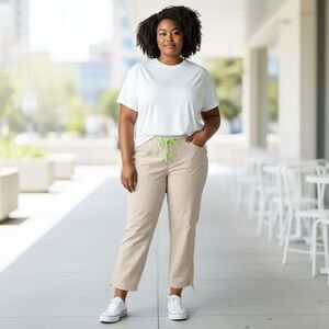 Gap‎ Fit Beige Cropped Hiking Pants Neon Drawstring Cinched Hem Plus Size XXL